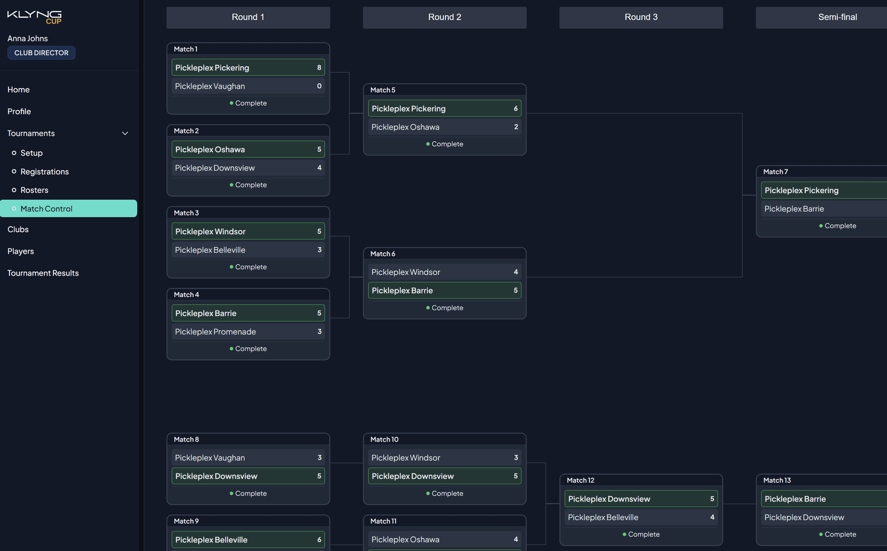 Klyng OS tournament management dashboard showing bracket view and captain portal