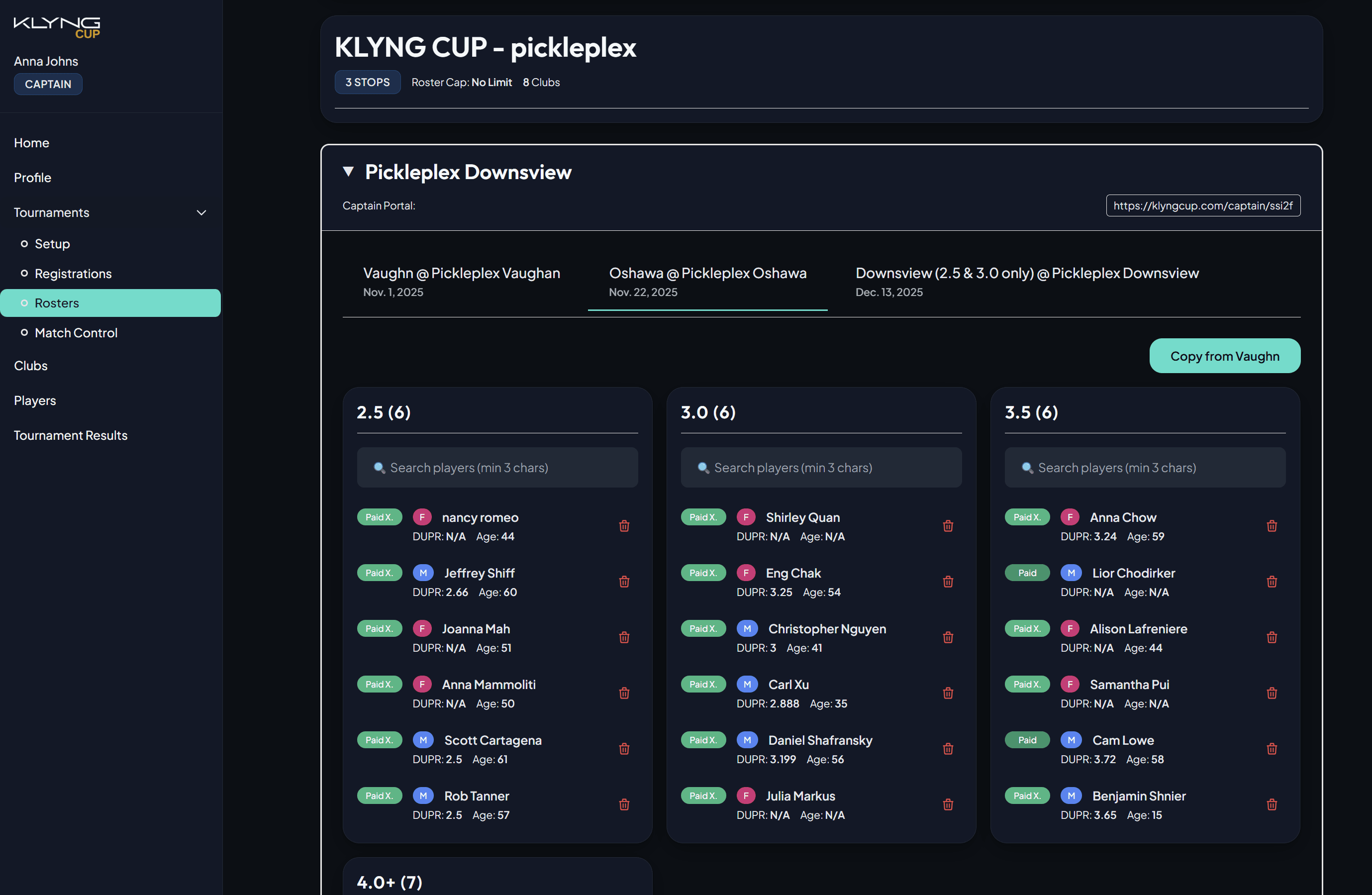 Tournament creation and payment configuration